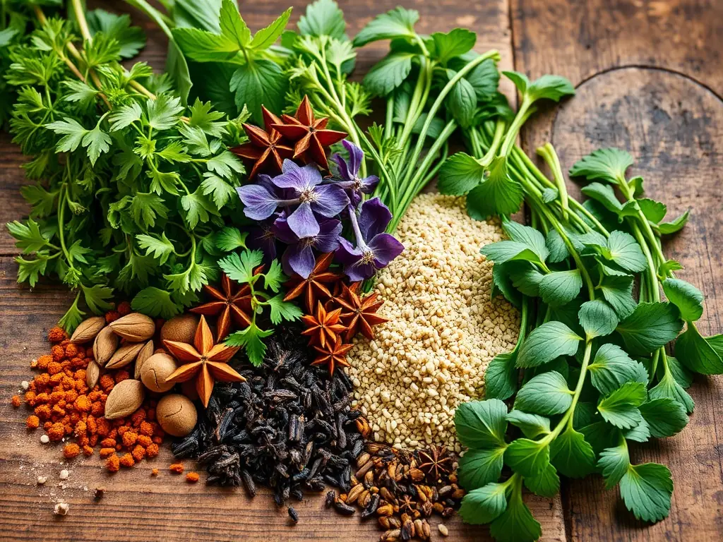 A close-up shot of a hand carefully selecting vibrant, dried herbs from a wooden bowl, highlighting the meticulous process of crafting the Premium Blends. The image should convey a sense of care and quality.